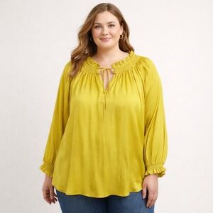 Chelsea & Theodore 3X Blouse Top Yellow Gold Long Sleeve Ruffle Neckline